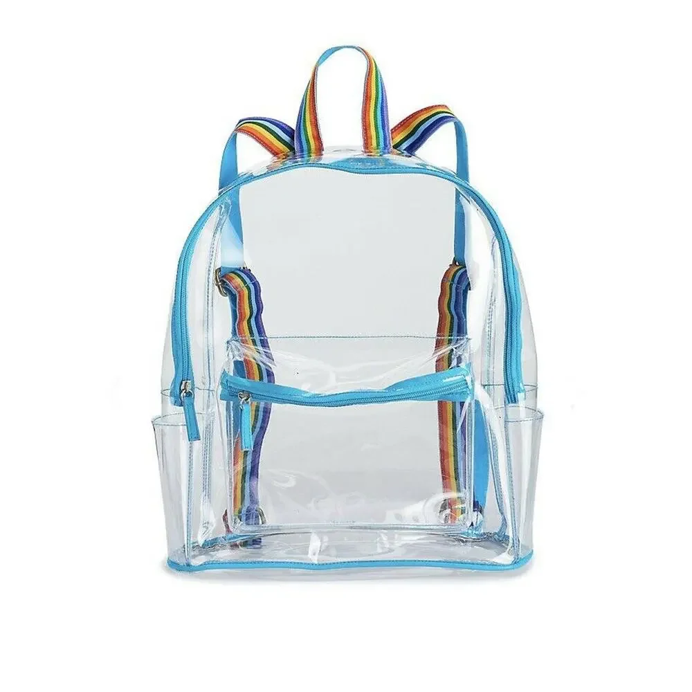 Clear Rainbow Adjustable Straps Locker Loop Front Zip PVC Nylon Backpack